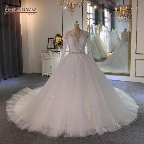 Long sleeves elegant white wedding dress with beading belt bridal dress