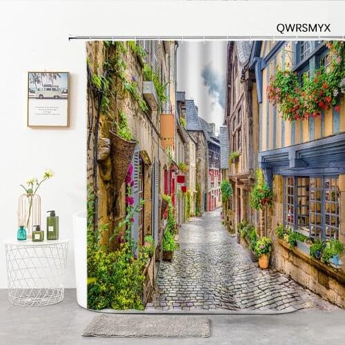 European Garden Town Bathroom Curtain Historic Houses And Cobblestone Roads Shower Curtains Washable Home Decor Bathroom Product