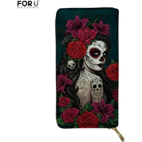 FORUDESIGNS Sugar Skull Girl and Rose Print Women Wallets Long Leather Purse for Female Zipper Card Holder Clutch Bags carteira