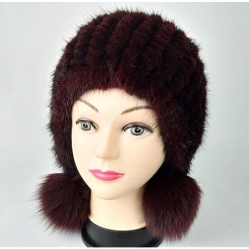 H7537 Fur Woven Beanie Hat Ladies Ear Protection Winter Warm Fox Fur Ball Skullies Cap Women Solid Color Outdoor Thermal Hats