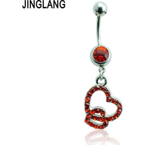 JINGLANG Fashion Belly Button Rings 316L Stainless Steel Barbell Dangle Rhinestone Double Heart Navel Piercing Jewelry