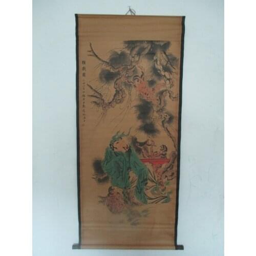 Home wall decoration painting ,Chinese old paper scroll painting "old man playing monkey "