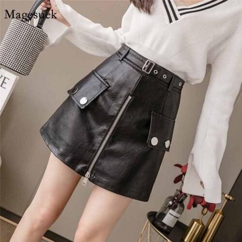 Split Short Solid Black Skirt A-line Leather Skirt 2020 New Trendy Fashion High Waist Front Zipper Pu Leather Women Skirt 12130