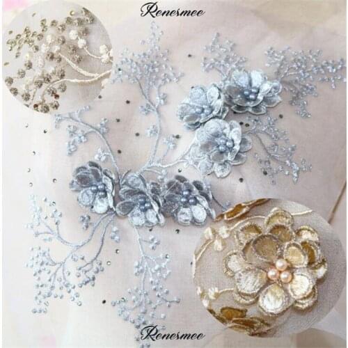 1Pc 38X24cm Grey Ivory Dots Beaded Venise Lace Trim Wedding Sewing Applique Crafts Lace Fabric For Wedding Dress Decoration