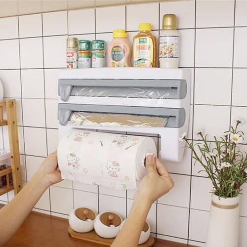 Kitchen Storage Rack Towel Hanger Holder Tin Foil Storage Rack Kitchen Accessories Cling Film Sauce Bottle Wall Roll Paper