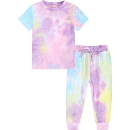Summer Fashion Kids Clothes Toddler Girl Short Sleeve Tops Sports Pants 2 Piece/Sets Baby Girls Tie Bye T-shirt