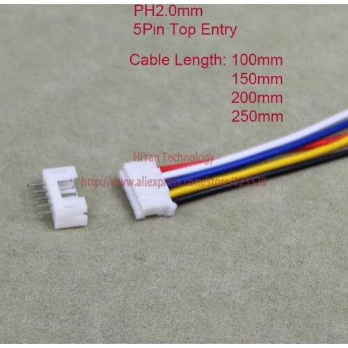 Mini Micro PH2.0 JST 2.0mm Pitch 5Pin Top Entry Connector with 1007 26AWG 100mm to 250mm Electronic Wire Cable Pin header