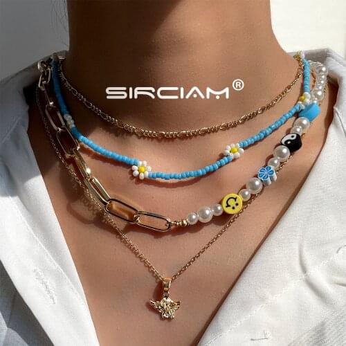 Korea Multilayer Asymmetry Blue Flower Smiley Tai Chi Pearl Beaded Necklace Angel Pendant Metal Necklaces Charm Jewelry 2021 New