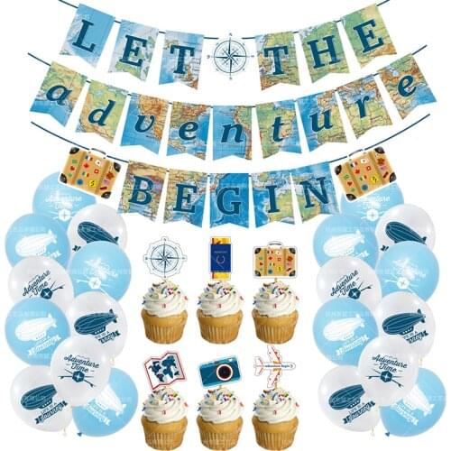 Retirement Tourism Theme Decoration Set Travel Map Flag Pull Banner Cake Card Airplane Balloon Retirement Party