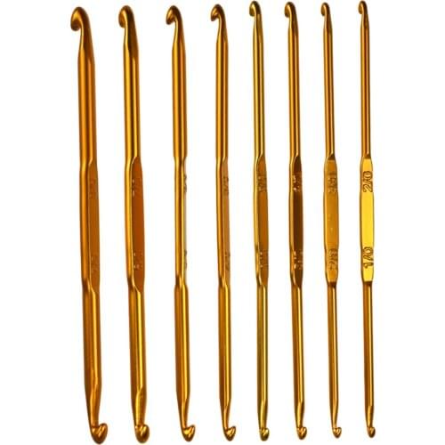 8 Pcs Handle Crochet Hooks Knitting Set, Golden Aluminum Double End