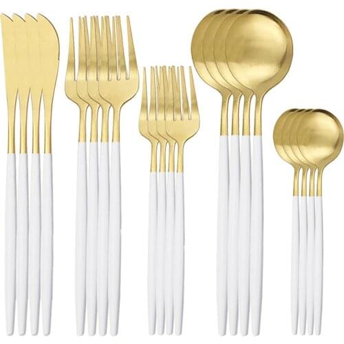 20Pcs White Gold Dinnerware Set Matte Knife Spoon Fork Cutlery Set 304 Stainless Steel Kitchen Tableware Silverware Flatware Set