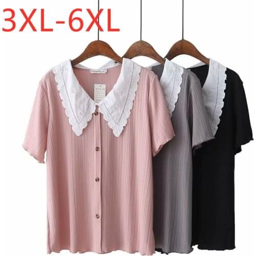 New 2021 Ladies Summer Plus Size Tops For Women Large Short Sleeve Loose Pink Button Peter Pan Collar T-Shirt 3XL 4XL 5XL 6XL