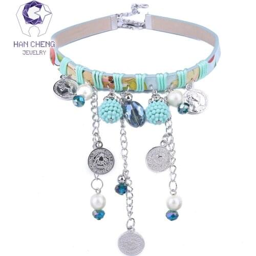 HanCheng New Fashion PU Belt Pearl Discolor Created Crystal Coin Choker Necklace Women Necklaces Tassel collar jewelry bijoux