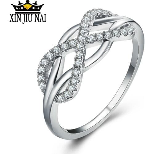 2 Colors Fashion Love Infinity Crossed Rings For Women Silver Gold Color White Zircon Letters 8 Shaped Wedding Bands Female