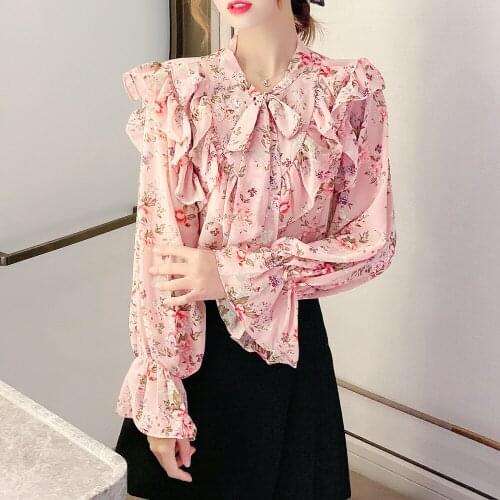 Fall 2020 Women Cute Chiffon Blouse Bowtie Collar Floral Printing Long Sleeve Blouse Plus Size Women Tops Autumn Shirt Blusa