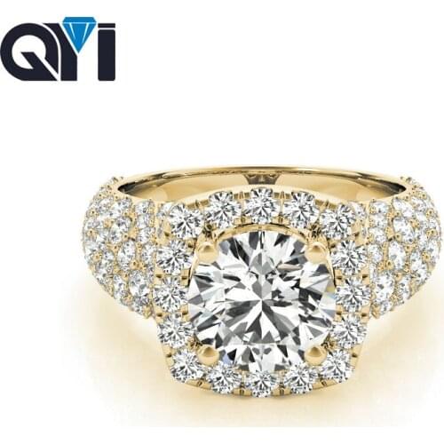QYI 14k Yellow gold Micro Pave Jewelry Luxury Women 1 ct Round Cut Simulated diamond Wedding Engagement Halo Rings