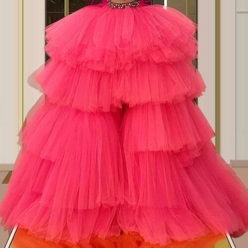 Real Image Fuchsia Puffy High Low Long Tulle Skirts Women To Party Ruffles Tiered Tulle Skirt Crystal Waistband Tutu Maxi Skirt