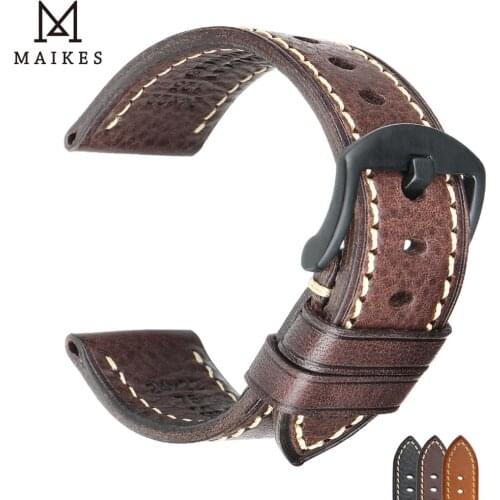 MAIKES Handmade Genuine Leather Watch Bands 20mm 22mm 24mm Black Buckle Cowhide Watchbands For MIDO Rolex Strap