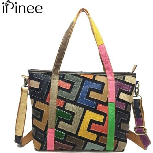 IPinee Luxury Women Shoulder Bag Colourful Cowhide Splice Fashion Tote Hobos Charm Lady Crossbody Messenger Bags