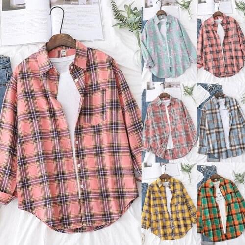 Women Shirts Simple design Loose Blouses shirts Women Autumn Winter Long Sleeve Plaid Shirt Single-breasted Blouse Top Outerwear