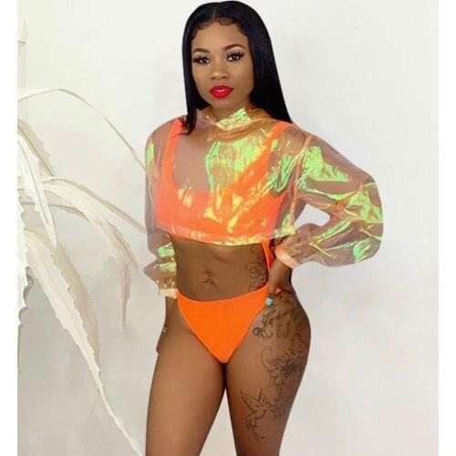 Sexy Women Mesh Bikini Cover Up Swimwear Swimsuit Bathing Suit See Through Long Sleeve T-shirt Tops Summer Beach 2 Piece Sets