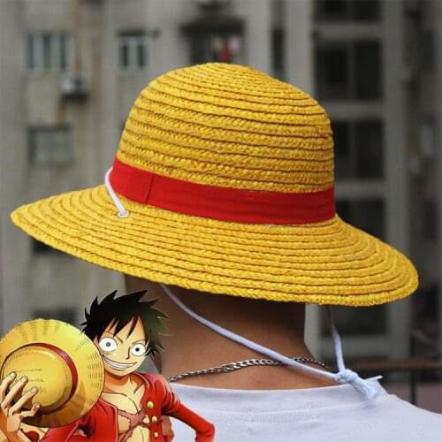 Straw Hat Neck Strap Luffy Flat Top Hat Cosplay Japanese Cartoon Props Hat Children Red Striped Beach Hat