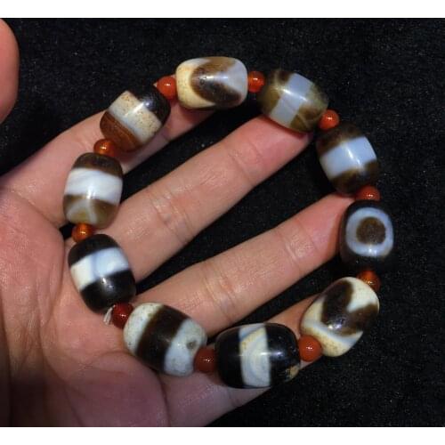 Unique Style LKbrother Sauces Magic Power Tibetan old Agate Multiple Symbol Veins Big dZi Bead Bracelet Totems