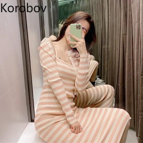 Korobov Women Striped Clothing 2021 New Arrival Knitted Cardigans and Spaghetti Strap Dress 2 Pieces Sets