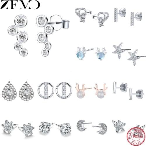ZEMO 25 Styles 100% 925 Sterling Silver Heart Shape Stud Earring for Women Flower Star Moon CZ Earrings for Girls Ear Jewellery