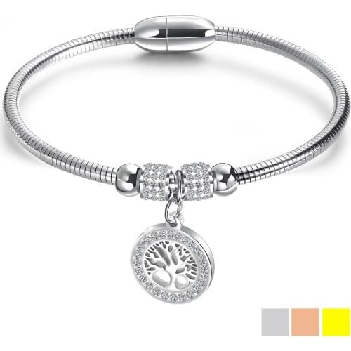 Rose Gold Color Tree of Life CZ Bangle Bracelet For Women Magnetic buckle Stainless Steel Cuff Hand Jewelry Gift Dropshipping