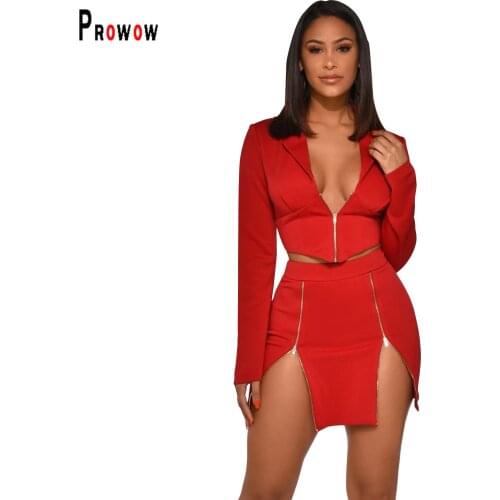 Prowow Women Clothing Set V-neck Crop Tops Skirt Two Piece Sexy Suits for Woman 2021 New Spring Fall Lady Office Outfits