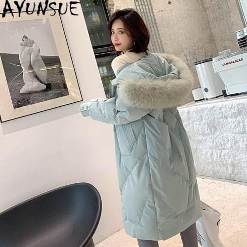 Womens Winter Down Jacket Hooded Big Raccoon Dog Fur Collar Long White Down Coat Female Puffer Warm Parkas B19R02283 KJ5125