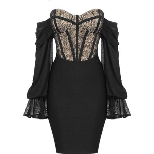 2021 New Summer Black Lace Bandage Dress Off Shoulder Women Sexy Long Sleeve Club Party Celebrity Bodycon Dresses