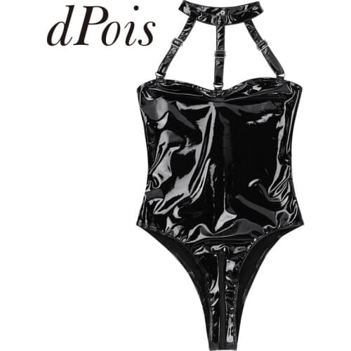 Women Wet Look Patent Leather Sexy Lingerie Night Clubwear Halter Neck Sleeveless Strappy Bust Bodysuit Summer Womens One Piece