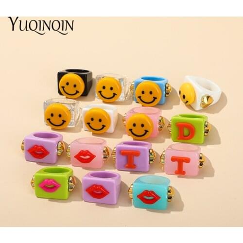 2021 Colorful Red Lip Smiley Rings for Women Transparent Resin Acrylic Square Punk Ring for Girls Summer Fashion Jewelry Gifts