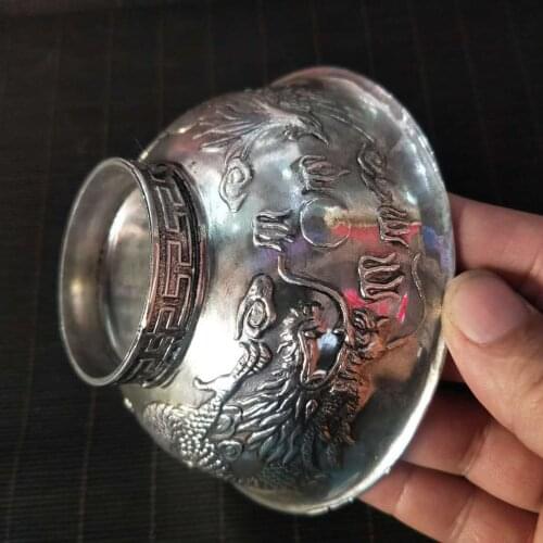 Antique relief white copper bowl dragon phoenix pattern Miao silver bowl flowers bloom