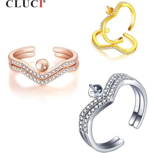 CLUCI Silver 925 Crown Ring Jewelry for Women Wedding Zircon Pearl Ring Mounting 925 Sterling Silver Bridal Crown Ring SR2217SB