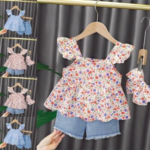 Baby Girl Summer Two Pieces Red Blue Sleeveless Floral Vest+Denim Shorts Set Infants Cotton Tank Top+Short Pants Outfit 69HE