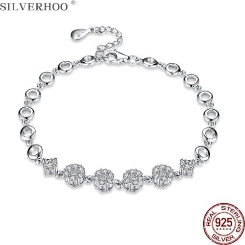 SILVERHOO 925 Sterling Silver Bracelet For Women Shiny Flower Cubic Zirconia & Circle Charm Bracelets Female Luxury Jewelry