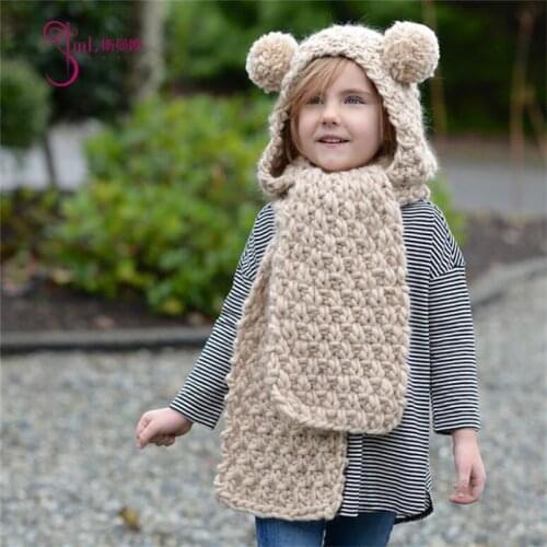 IANLAN Winter Girls Solid Hats Scarves Little Bear Style Lovely Kids Warm Thickening Cap Children Knit Wool Long Muffler IL00184