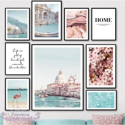 Italy Venice Grand Canal Scenery Canvas Painting Nordic Cherry Blossoms Flamingo Sea Beach Posters and Prints Wall Art Decor