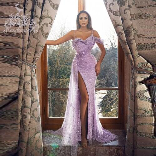 Exquisite Lavender Beading Sequins Evening Dress Pretty Spaghetti Strap Slit Formal Party Dresses Luxury Tulle Evening Gowns