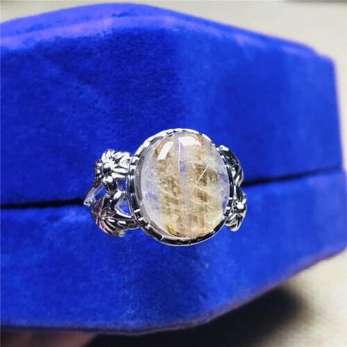12x9mm Natural Gold Rutilated Quartz Ring For Woman Lady Man Oval Crystal Beads Silver Stone Adjustable Size Ring Jewelry AAAAA