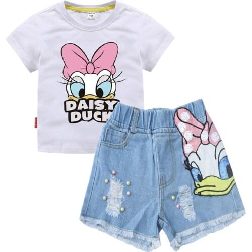 Baby Girls Summer Cartoon Duck T Shirt+Sequins Broken Hole Denim Shorts 2PCS Sets Clothes Kids Children Fashion Clothing Suits