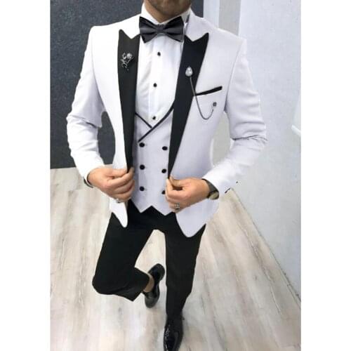 New Arrival Men Suits White and Black Groom Tuxedos Peak Lapel Groomsmen Wedding Best Man ( Jacket+Pants+Vest+Tie ) D31