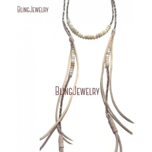 Organic Elegance Necklace Bohemian Rondelle and Hematite Beads Necklace Khaki Faux Sueded Lariat Layered Necklace NM20815