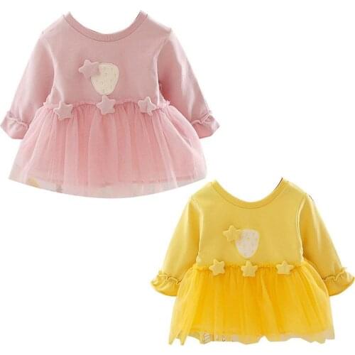 Baby Girls Autumn Solid Color Long Sleeve Stars Decor Stitching Tulle Dress Fashion Baby Clothing Infant Party Dresses
