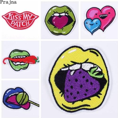 Prajna Exaggerated Lips Patches Embroidered Iron on Patches for Clothing Stranger Things Stripes Badges Appliques Jacket Clothes