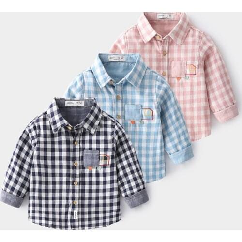 Children Long Sleeve Shirt Turn-down Collar Plaid Baby Girl Blouse Fashion Cartoon Cotton Boy Shirts School Kids Clothes Gifts