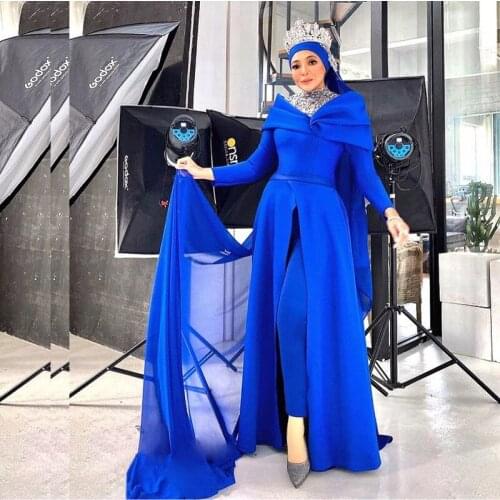 Blue Sequin Neck Pants Muslim Evening Dresses Long Sleeve Front Split Off the Shoulder Outfit Formal Gown Vestiti Da Sera